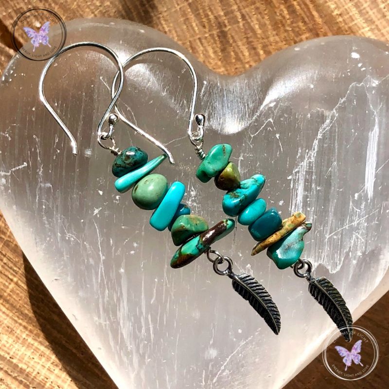 Turquoise Silver Feather Earrings